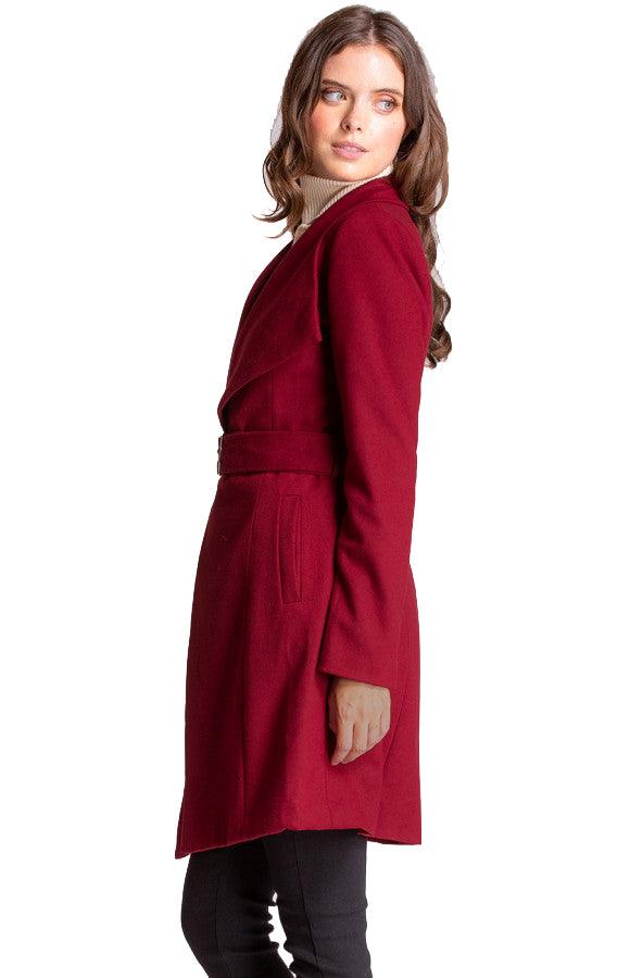 Women's Wine Wide Collar Wool Wrap Coat with Circle Buckle