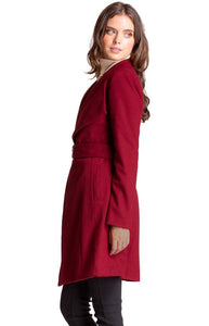 Women's Wine Wide Collar Wool Wrap Coat with Circle Buckle