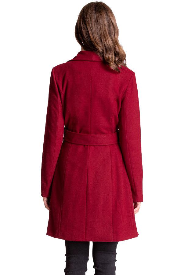 Women's Wine Wide Collar Wool Wrap Coat with Circle Buckle