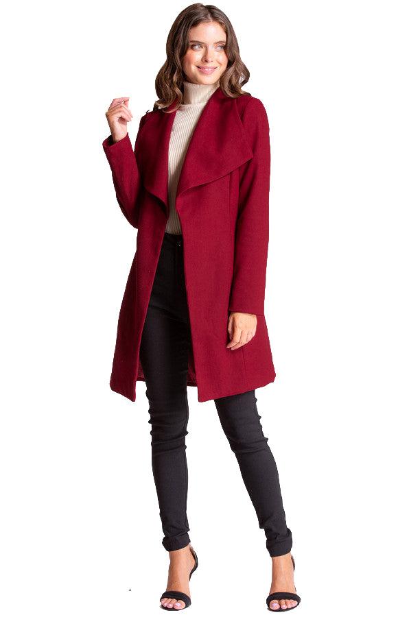 Women's Wine Wide Collar Wool Wrap Coat with Circle Buckle